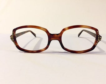 Vintage 60s Square Demi Amber Tortoise Eyeglass Frames | New Old Stock | 70s Womens Eyeglasses Rhinestones Pinup Accessories Rockabilly NOS