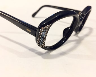 Unworn 60s Rhinestone Glasses Black | Vintage Eyeglass Frames | New Old Stock | 50s Cat Eye Glasses Frames | Black Cateye Frames Rhinestones