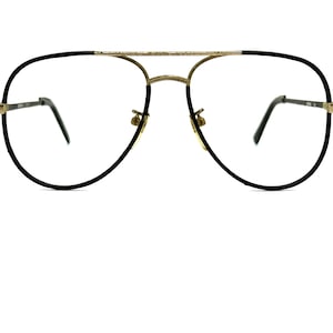 80s Large Aviator Eyeglasses | New Old Stock | 90s Leather Aviator Eyeglass Frames | Brown & Gold Metal Aviator Frames | Oversized Glasses