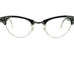 50s Metal Cat Eyeglass Frames | New Old Stock | Rhinestones Cat Eye Eyeglasses | Cateye Glasses Frames | Black & Silver Cat Eye Sunglasses