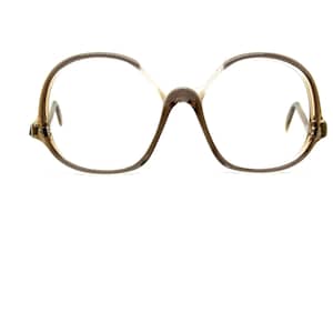 May include: A pair of brown plastic eyeglasses with a rounded, oval shape.