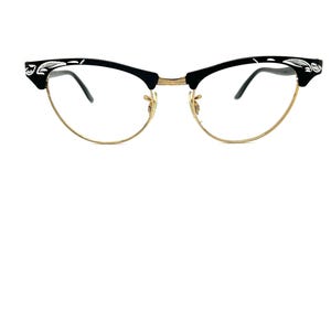 50s Black Cat Eye Eyeglass Frames | New Old Stock | Vintage Black Cat Eye Frames | 12K Gold Filled | Black Silver Metal Rockabilly Glasses