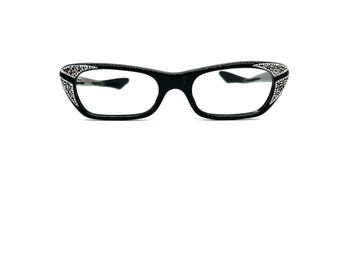 50s Cat Eye Glasses | New Old Stock | Frame France | Cat Eye Eyeglasses | Black & Silver Rhinestones Cat Eye Glasses Frames | Cat Eye Frames