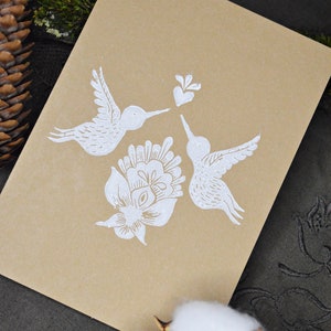 Klappkare Vogelhochzeit mit Linoldruck - Postkarte - Kraftpapier - Naturpapier - Linolschnitt - Karte mit Linoldruck
