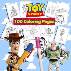 May include: A collection of 100 Toy Story coloring pages featuring characters like Woody, Buzz Lightyear, and others. The image includes a Woody figurine holding a large yellow marker and Buzz Lightyear holding a pink marker.