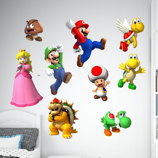 Super Mario Characters Vinyl Wall Sticker Decal WATERPROOF Kids Bedroom Deco Peel and Stick Choisissez parmi trois tailles Garçons Filles Mural