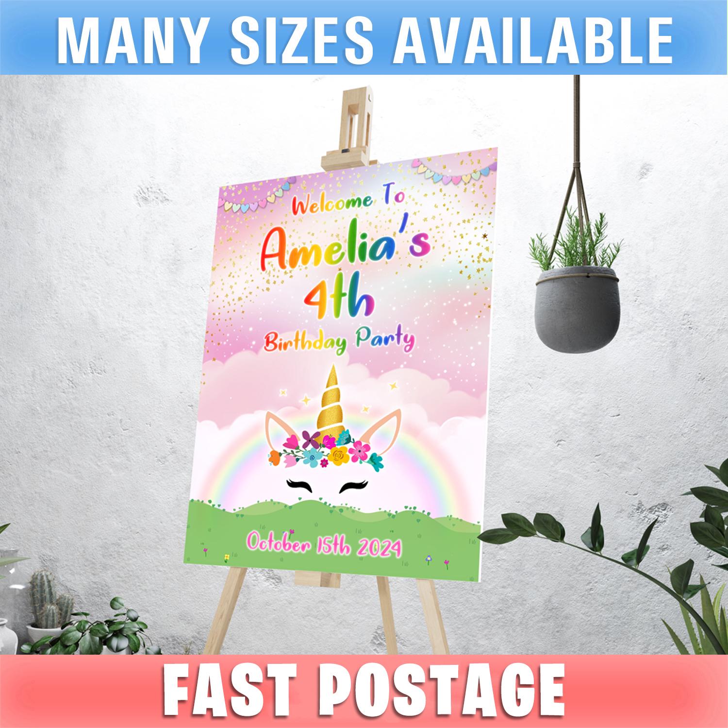 Cute Rainbow Unicorn Welcome Sign Personalised Birthday Poster Girls Boys Party Paper Happy Teenager Kids Digital OR Printed A1 A2 A3