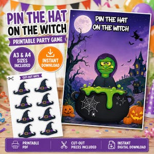 Könnte beinhalten: Ein druckbares Party-Spiel Pin the Hat on the Witch mit einem Poster, das eine grünhäutige Hexe zeigt, die in einem schwarzen Kessel mit grünem Trank rührt, dazu Vollmond, Spukhaus, schwarze Katze und acht ausschneidbare Hexenhüte.