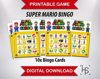 May include: Printable Super Mario Bingo game with 10 bingo cards featuring characters and items from the Super Mario video game series. The cards are yellow with a black border and feature images of Mario, Luigi, Princess Peach, Toad, Goombas, and other characters.