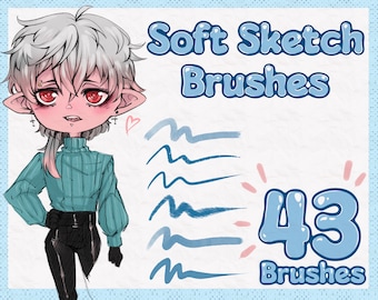 Può includere: Un'illustrazione digitale di un personaggio dei cartoni animati con capelli bianchi e occhi rossi. Il personaggio indossa un maglione a righe blu e verdi, pantaloni neri e guanti neri. L'immagine include anche il testo "Soft Sketch Brushes" e "43 Brushes" in lettere a bolla blu e bianche.