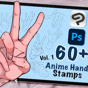 Puede incluir: Una pantalla de tableta digital que muestra una colección de más de 60 sellos de manos de anime para usar en Adobe Photoshop e Illustrator. El texto "Vol. 1" y "Anime Hand Stamps" es visible en la pantalla.