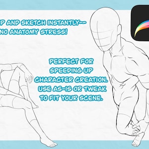 100 Männliche Pose PROCREATE Stempel: Anime Cartoon Ausmalzeichnung | Manga-Künstlerin | Figur Zeichnung Referenz Paket | Dynamisch (Digitaler Download) Bild 2