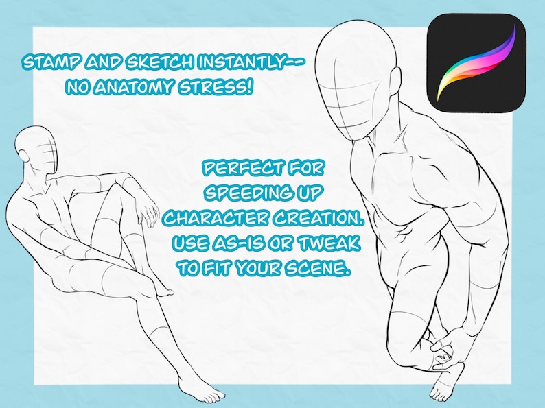 100 Männliche Pose PROCREATE Stempel: Anime Cartoon Ausmalzeichnung | Manga-Künstlerin | Figur Zeichnung Referenz Paket | Dynamisch (Digitaler Download) Bild 2