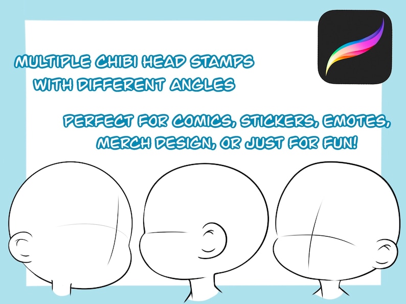 May include: Illustration of three chibi head stamps with different angles. The image includes text that reads "MULTIPLE CHIBI HEAD STAMPS WITH DIFFERENT ANGLES" and "PERFECT FOR COMICS, STICKERS, EMOTES, MERCH DESIGN, OR JUST FOR FUN!"