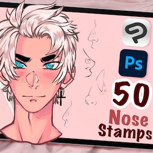 May include: A digital illustration of a man's face with white hair and blue eyes. The image is on a tablet screen with the Adobe Photoshop and Illustrator logos and the text "50 Nose Stamps".