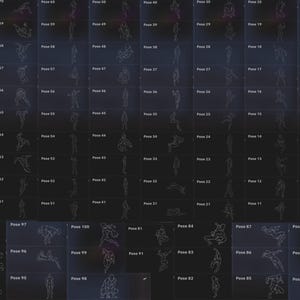 K&ouml;nnte beinhalten: Ein Satz von 100 wei&szlig;en Strichzeichnungen verschiedener Posen auf einem dunkelgrauen Hintergrund. Jede Pose ist von 1 bis 100 nummeriert.