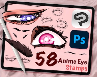 58 Anime Eye Stamps VOL. 1, Clip Studio and Photoshop, Digital Art Assistance, Anime or Cartoon Lineart, Posing