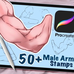 Puede incluir: Una tableta digital que muestra un icono de la aplicación Procreate y una colección de más de 50 sellos de brazo masculino. La tableta está sobre una superficie rosa con un lápiz blanco al lado.