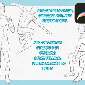 100 Männliche Pose PROCREATE Stempel: Anime Cartoon Ausmalzeichnung | Manga-Künstlerin | Figur Zeichnung Referenz Paket | Dynamisch (Digitaler Download) Bild 3
