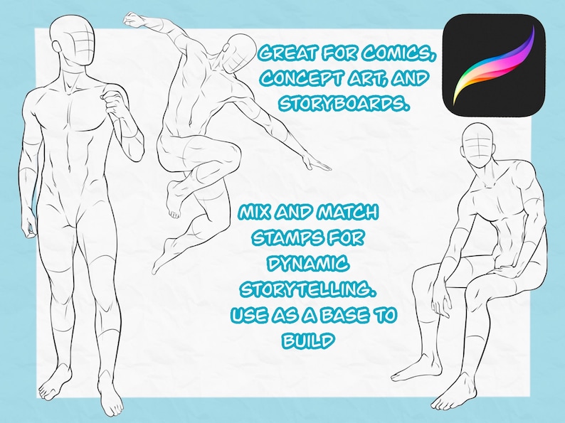 100 Männliche Pose PROCREATE Stempel: Anime Cartoon Ausmalzeichnung | Manga-Künstlerin | Figur Zeichnung Referenz Paket | Dynamisch (Digitaler Download) Bild 3