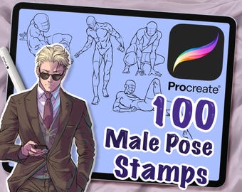 May include: A digital tablet displaying a blue background with a Procreate logo and the text "100 Male Pose Stamps". The tablet is surrounded by a light pink surface. The tablet screen shows four male figure outlines in different poses.
