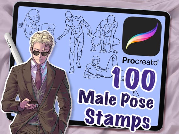 100 Male Pose PROCREATE Stamps: Anime Cartoon Lineart | Manga Artist | Figure Drawing Reference Pack | Dynamic (Digital Download)