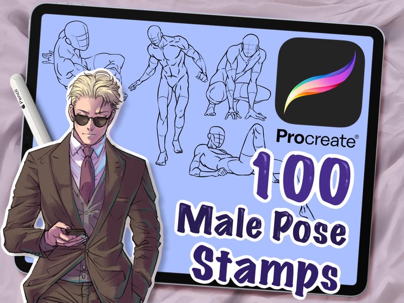 K&ouml;nnte beinhalten: Ein digitales Tablet zeigt einen blauen Hintergrund mit dem Procreate-Logo und dem Text "100 Male Pose Stamps". Das Tablet ist von einer hellrosa Oberfl&auml;che umgeben. Der Tablet-Bildschirm zeigt vier m&auml;nnliche Figuren in verschiedenen Posen.