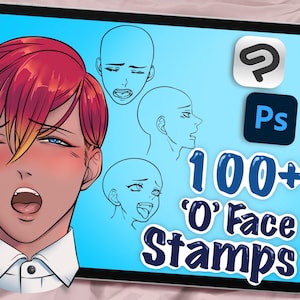 May include: Digital art illustration of a male anime character with red and yellow hair, blue eyes, and a white collared shirt. The image is on a tablet screen with the text "100+ 'O' Face Stamps" and icons for Clip Studio Paint and Photoshop.