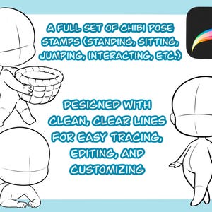 May include: A digital art set featuring chibi pose stamps for various actions like standing, sitting, and jumping. The stamps are designed with clean lines for easy tracing, editing, and customization. Includes a Procreate app icon.