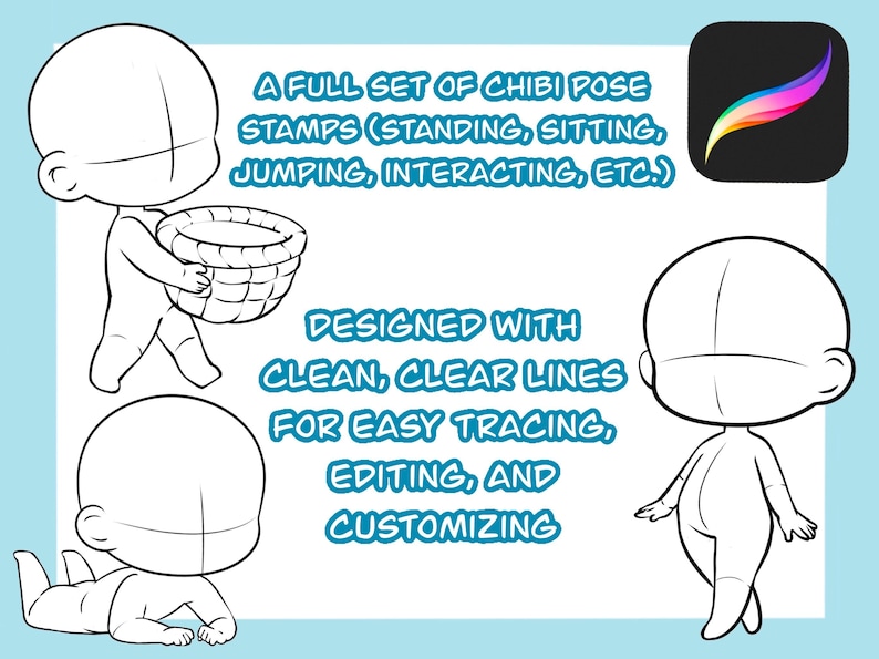 May include: A digital art set featuring chibi pose stamps for various actions like standing, sitting, and jumping. The stamps are designed with clean lines for easy tracing, editing, and customization. Includes a Procreate app icon.