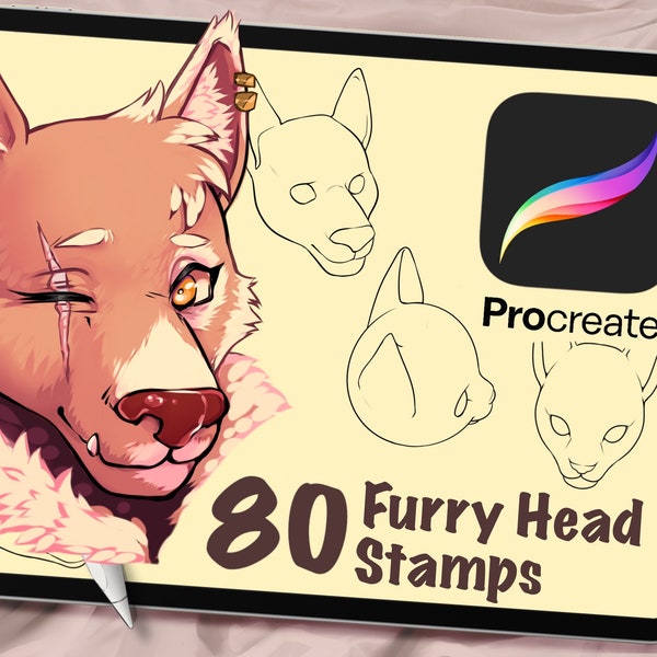 80 Furry Head Procreate Stamps, Procreate Brushes, Digital Art Assistance, Anime or Cartoon, Procreate Lineart, Posing