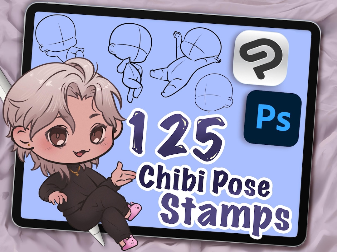 125 Chibi Pose CSP and PS Stamps: Anime Cartoon Lineart | Manga Artist ...