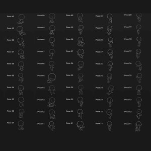 May include: A grid of 70 stylized character poses, each in a unique action or stance, outlined in white on a dark gray background. Each pose is numbered, offering a variety of options for character design or animation.