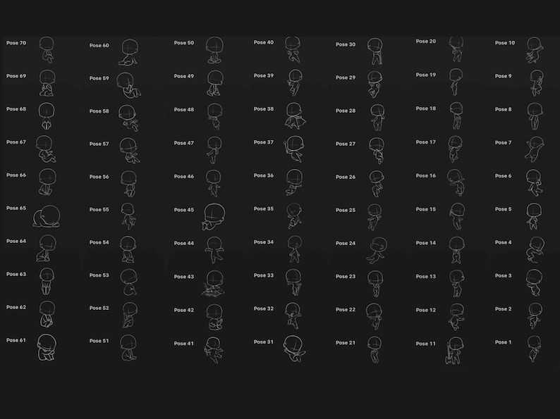 May include: A grid of 70 stylized character poses, each in a unique action or stance, outlined in white on a dark gray background. Each pose is numbered, offering a variety of options for character design or animation.