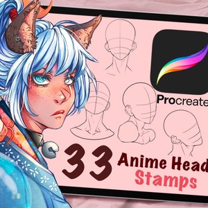 33 Anime Head Procreate Stamps *UPDATED*, Procreate Brushes, Digital Art Assistance, Anime or Cartoon, Procreate Lineart, Posing