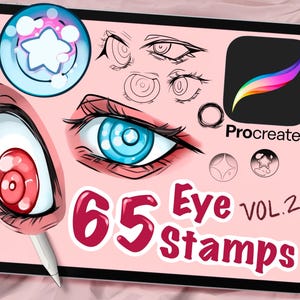 May include: A tablet screen displaying digital eye stamps. The image includes various eye designs, the Procreate app logo, and the text "65 Eye Stamps VOL.2". A digital pen is also visible.