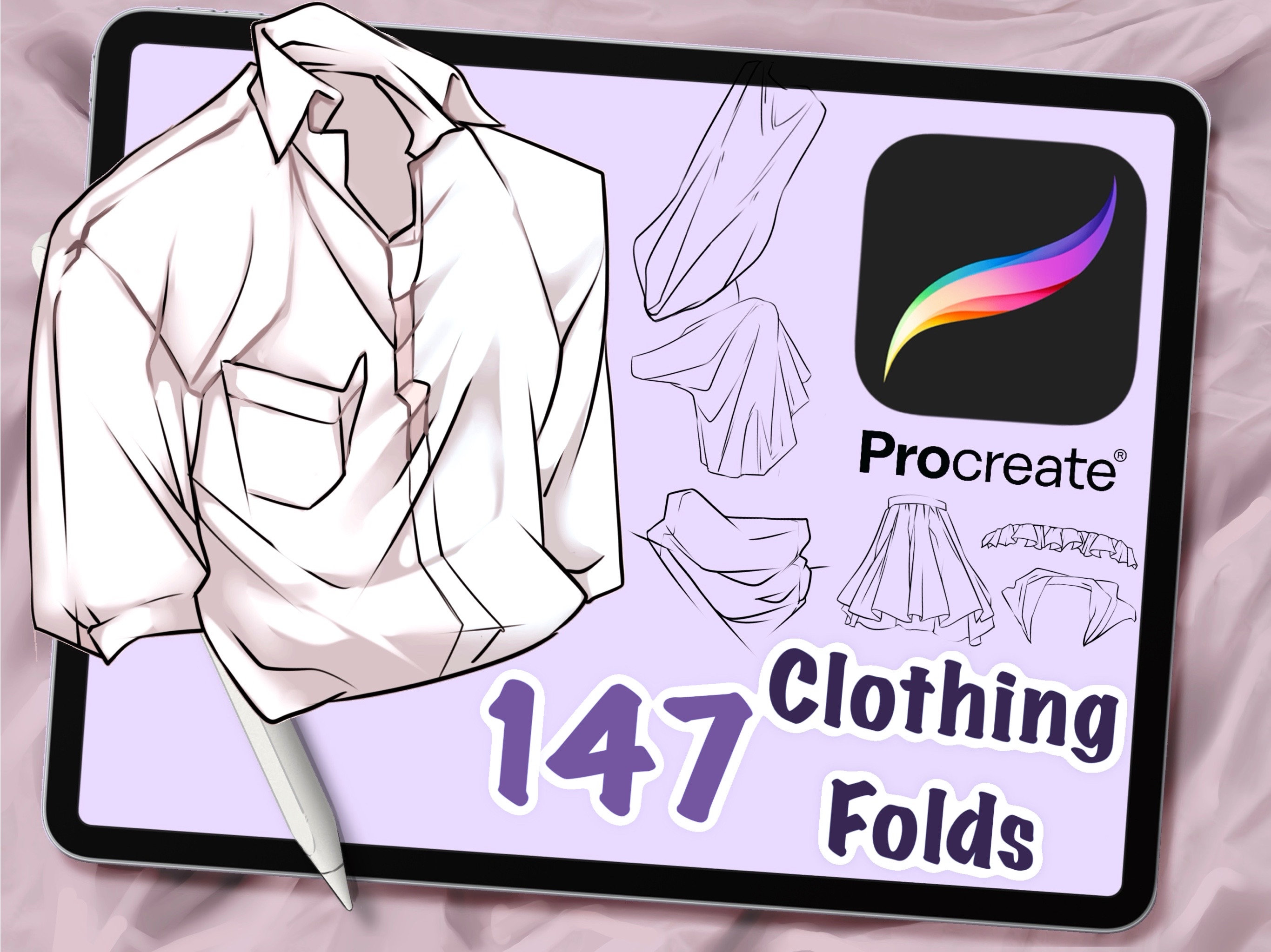 147 sellos de pliegues de ropa para Procreate – Set de pinceles de arrugas y pliegues para lineart, anime y cartoon