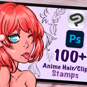 100+ Anime Haar- und Clip-Stempel, Clip Studio-Farb- und Photoshop-Pinsel, Unterstützung für digitale Kunst, Anime-Karikatur, Procreate-Linienkunst, Posing