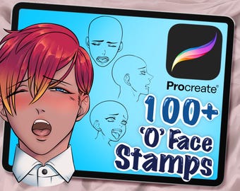 May include: A digital tablet screen displaying a blue background with four different facial expressions drawn in black outline. The text "Procreate" and "100+ 'O' Face Stamps" is displayed in a blue bubble on the screen.
