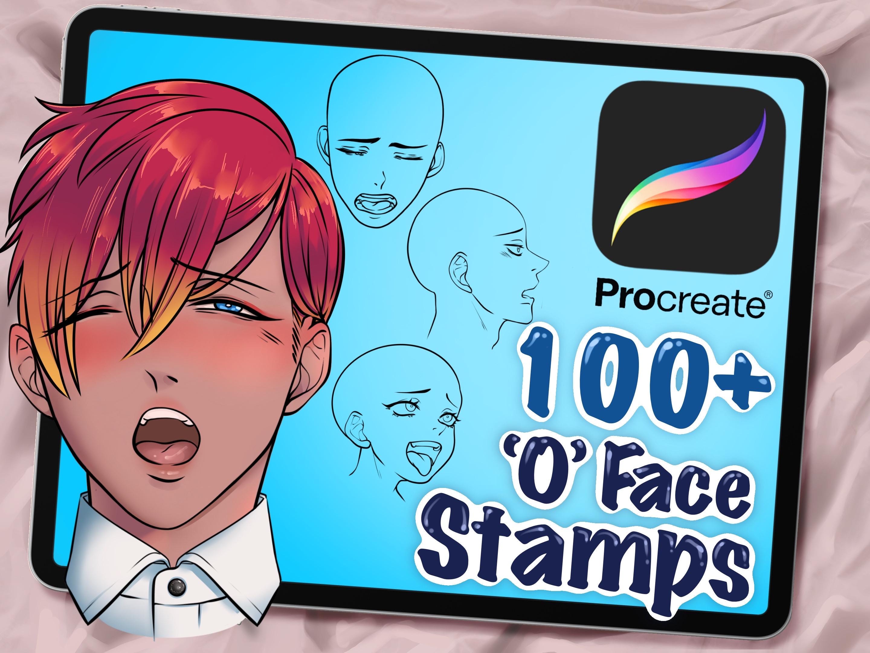 Set de 105 sellos Procreate de expresión O‑face – Pinceles de rostros para anime y caricatura en iPad