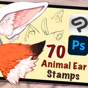 70 Animal Ear Clip Studio and Photoshop Stamps, Digital Art Assistance, Anime or Cartoon Lineart, Posing