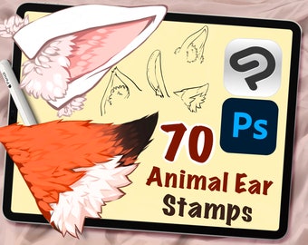 70 Animal Ear Clip Studio and Photoshop Stamps, Digital Art Assistance, Anime or Cartoon Lineart, Posing