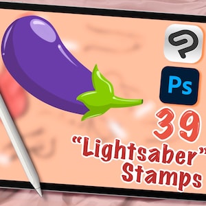 May include: A digital illustration of a purple eggplant with a green stem on a peach background. The image also includes the Adobe Photoshop and Illustrator logos, the number 39, and the text "Lightsaber" Stamps.