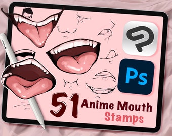 51 Mouth Stamps Photoshop/Clip Studio Paint: Anime Lineart | Manga Artist | Facial Features | Drawing Reference Pack (Digital Download)