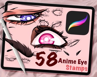 58 Anime Eye and Eyebrow Stamps Vol. 1 for Procreate, Cartoon Face and Emotions, Stamp Brushes, Digital Art Assistance