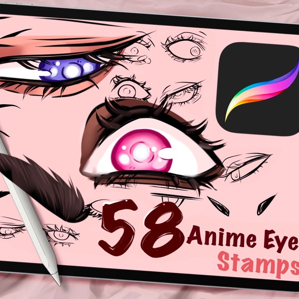 58 Anime Eye and Eyebrow Stamps Vol. 1 for Procreate, Cartoon Face and Emotions, Stamp Brushes, Digital Art Assistance