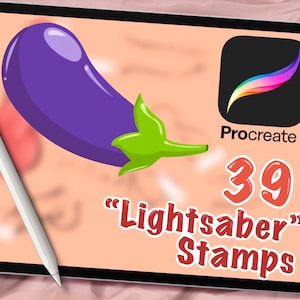 May include: A digital illustration of a purple eggplant with a green stem on a pink background. The image also includes the Procreate app icon, the number 39, and the text "Lightsaber" Stamps.