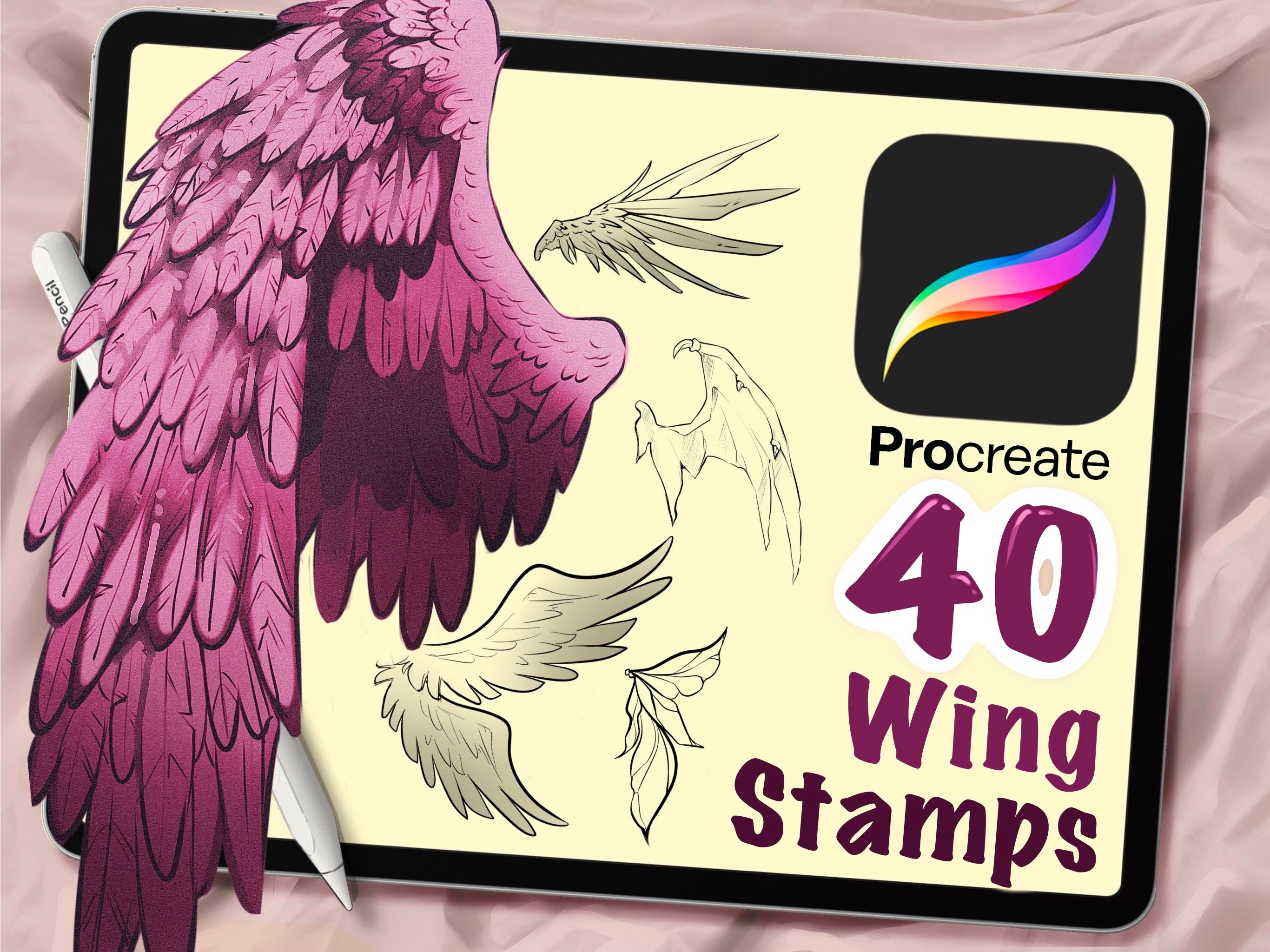40 Wing Procreate Stamps, Procreate Brushes, Digital Art Assistance, Anime or Cartoon, Procreate Lineart, Posing