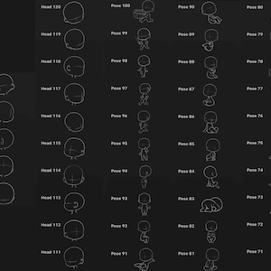 May include: A dark background displays a collection of line drawings of human figures in various poses and head shapes. Each figure is labeled with a pose number and head number, useful for artists and illustrators.
