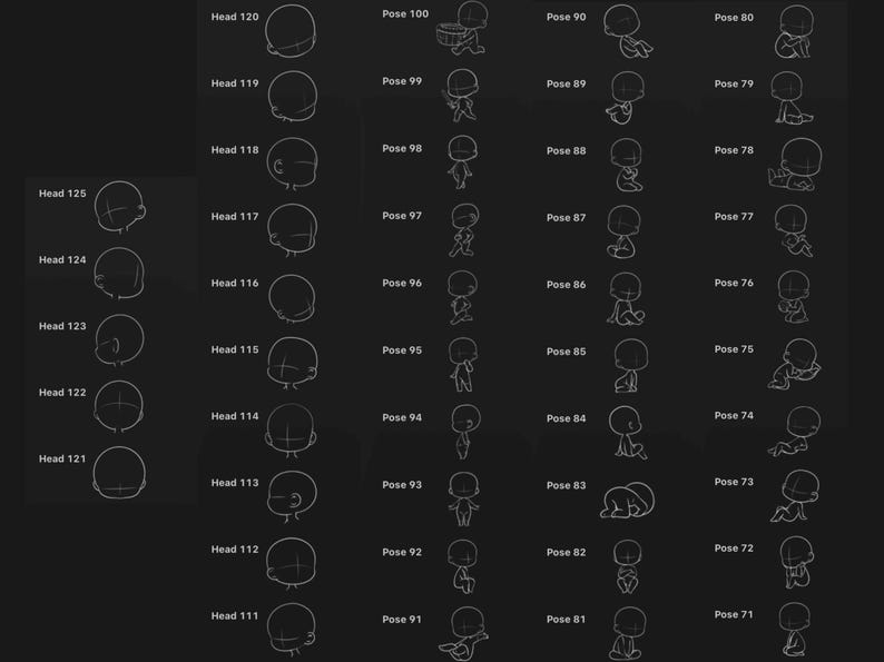 May include: A dark background displays a collection of line drawings of human figures in various poses and head shapes. Each figure is labeled with a pose number and head number, useful for artists and illustrators.